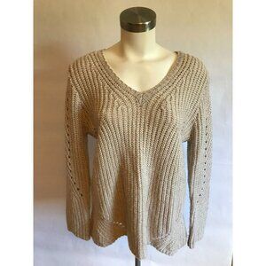 John + Jenn Oatmeal Tan Chunky Cable Knit Sweater W/ Braiding, Size Small
